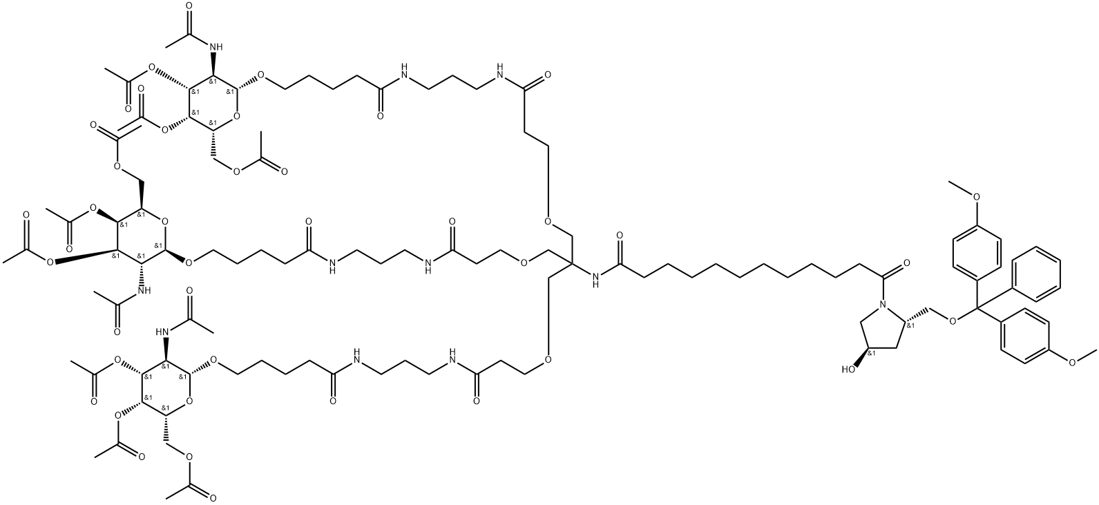 1-Pyrrolidinedodecanamide, 2-[[bis(4-methoxyphenyl)phenylmethoxy]methyl]-4-hydroxy-λ-oxo-N-[2-[3-oxo-3-[[3-[[1-oxo-5-[[3,4,6-tri-O-acetyl-2-(acetylamino)-2-deoxy-β-D-galactopyranosyl]oxy]pentyl]amino]propyl]amino]propoxy]-1,1-bis[[3-oxo-3-[[3-[[1-oxo-5-[[3,4,6-tri-O-acetyl-2-(acetylamino)-2-deoxy-β-D-galactopyranosyl]oxy]pentyl]amino]propyl]amino]propoxy]methyl]ethyl]-, (2S,4R)- Structure