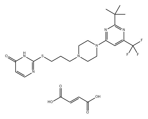 4(3H)-Pyrimidinone, 2-[[3-[4-[2-(1,1-dimethylethyl)-6-(trifluoromethyl)-4-pyrimidinyl]-1-piperazinyl]propyl]thio]-, (2E)-2-butenedioate, hydrate (1:1:2) Struktur