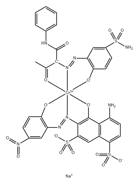 Chromate(3-), [4-amino-5-hydroxy-6-[(2- hydroxy-5-nitrophenyl)azo]-1,7-naphthalenedisulfonato (4-)][2-[[5-(aminosulfonyl)-2-hydroxyphenyl]az o]-3-oxo-N-phenylbutanamidato(2-)]-, trisodium 化学構造式