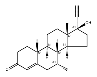 (17R)-7α-メチル-17-ヒドロキシ-19-ノルプレグナ-4-エン-20-イン-3-オン 化学構造式