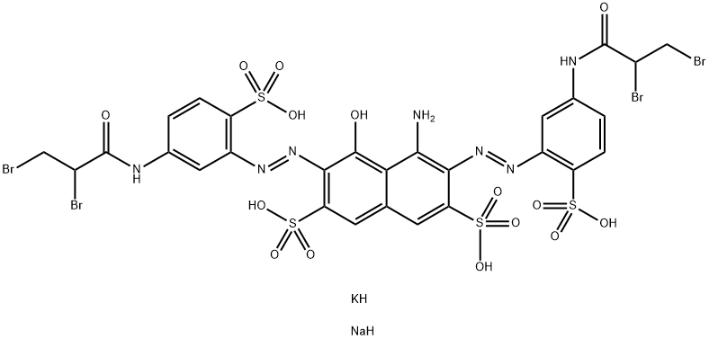 2,7-Naphthalenedisulfonic acid, 4-amino-3,6-bis5-(2,3-dibromo-1-oxopropyl)amino-2-sulfophenylazo-5-hydroxy-, potassium sodium salt Structure