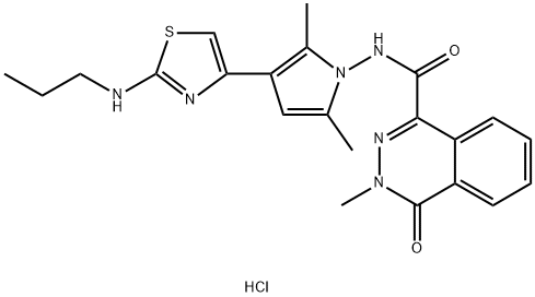 N-(2,5-dimethyl-3-(2-(propylamino-)thiazole-4-yl)-1H-pyrrole-1-yl)-3-methyl-4-oxo-3,4-dihydrophthalazin-1-carboxylic acid amide HCl Struktur