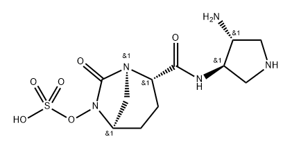 (2S,5R)-N-[(3R,4R)-4-aminopyrrolidin-3-yl]-7-oxo-6-(sulfooxy)-1,6-diazabicyclo[3.2.1]octane-2-carboxamide 化学構造式