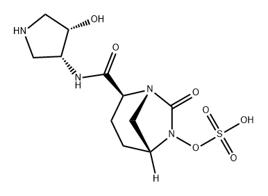 (2S,5R)-N-[(3R,4S)-4-hydroxypyrrolidin-3-yl]-7-oxo-6-(sulfooxy)-1,6-diazabicyclo[3.2.1]octane-2-carboxamide Struktur