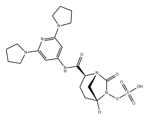 (2S,5R)-N-(2,6-dipyrrolidin-1-ylpyridin-4-yl)-7-oxo-6-(sulfooxy)-1,6-diazabicyclo[3.2.1]octane-2-carboxamide Struktur