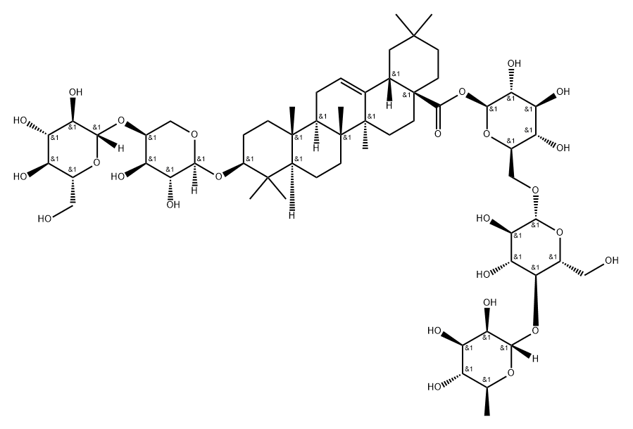 Olean-12-en-28-oic acid, 3-[(4-O-β-D-glucopyranosyl-α-L-arabinopyranosyl)oxy]-, O-6-deoxy-α-L-mannopyranosyl-(1→4)-O-β-D-glucopyranosyl-(1→6)-β-D-glucopyranosyl ester, (3β)- Structure