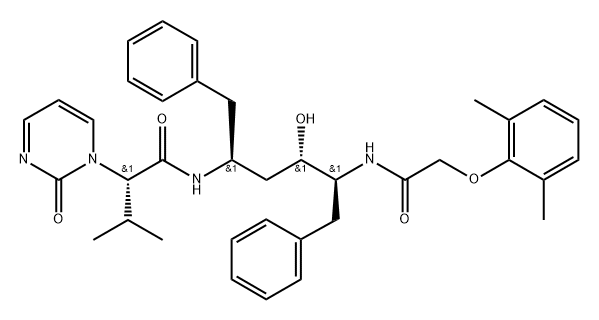 1(2H)-Pyrimidineacetamide, N-[(1S,3S,4S)-4-[[2-(2,6-dimethylphenoxy)acetyl]amino]-3-hydroxy-5-phenyl-1-(phenylmethyl)pentyl]-α-(1-methylethyl)-2-oxo-, (αS)- 化学構造式