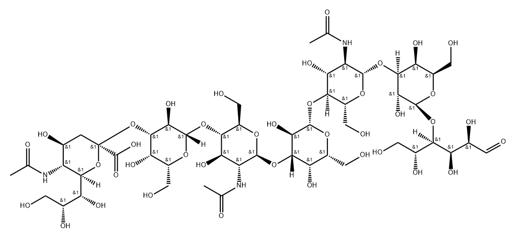 O-(N-acetyl-alpha-neuraminosyl)-(2->3)-O-beta-D-galactopyranosyl-(1->4)-O-2-(acetylamino)-2-deoxy-beta-D-glucopyranosyl-(1->3)-O-beta-D-galactopyranosyl-(1->4)-O-2-(acetylamino)-2-deoxy-beta-D-glucopyranosyl-(1->3)-O-beta-D-galactopyranosyl-(1->4)- D-Gluc 结构式