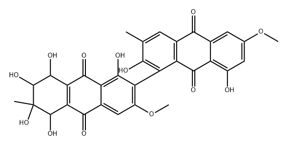 (5'R)-5',6',7',8'-テトラヒドロ-1',2,5'β,6'α,7'α,8,8'β-ヘプタヒドロキシ-3',6-ジメトキシ-3,6'-ジメチル-1,2'-ビアントラセン-9,9',10,10'-テトラオン 化学構造式