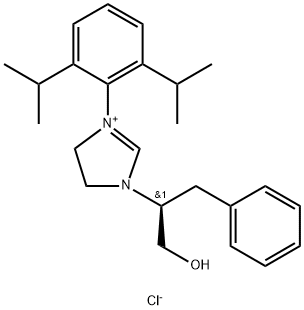 1H-Imidazolium, 3-[2,6-bis(1-methylethyl)phenyl]-4,5-dihydro-1-[(1S)-1-(hydroxymethyl)-2-phenylethyl]-, chloride (1:1) Structure