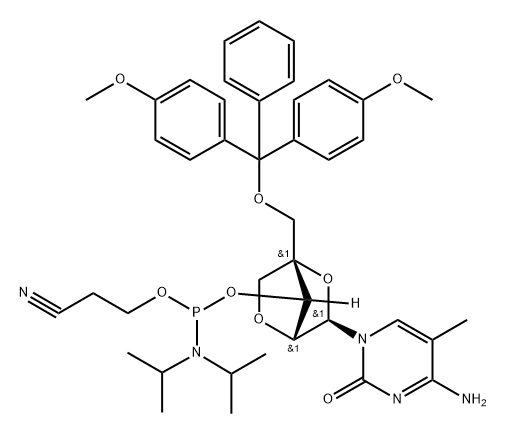 (1R,3R,4R,7S)-3-(4-氨基-5-甲基-2-氧代嘧啶-1(2H)-基)-1-((双(4-甲氧基苯基)(苯基)甲氧基)甲基)-2,5-二氧杂环[2.2.1]庚烷-7-基(2-氰基乙基)二异丙基磷酰胺, 1184723-53-2, 结构式