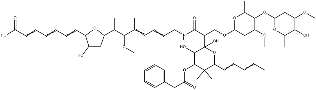 Benzeneacetic acid, 2-[2-[[7-[5-(6-carboxy-1,3,5-hexatrienyl)tetrahydro-4-hydroxy-2-furanyl]-6-methoxy-5-methyl-2,4-octadienyl]amino]-1-[[[2,6-dideoxy-4-O-(2,6-dideoxy-3-O-methyl-α-L-lyxo-hexopyranosyl)-3-O-methyl-α-L-lyxo-hexopyranosyl]oxy]methyl]-2-oxoethyl]tetrahydro-2,3-dihydroxy-5,5-dimethyl-6-(1,3-pentadienyl)-2H-pyran-4-yl ester Structure