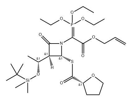 1-Azetidineacetic acid, 3-[(1R)-1-[[(1,1-dimethylethyl)dimethylsilyl]oxy]ethyl]-2-oxo-4-[[[(2R)-tetrahydro-2-furanyl]carbonyl]thio]-α-(triethoxyphosphinylidene)-, 2-propen-1-yl ester, (3S,4R)- Struktur