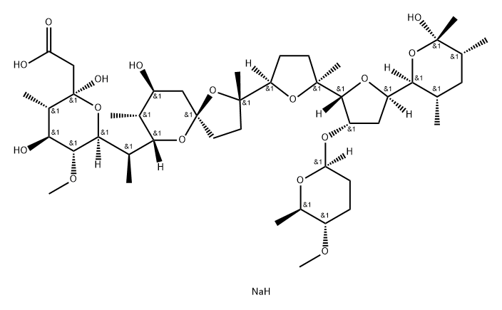 2H-Pyran-2-acetic acid, tetrahydro-2,4-dihydroxy-6-(1R)-1-(2S,5R,7S,8R,9S)-9-hydroxy-2,8-dimethyl-2-(2S,2R,3S,5R,5R)-octahydro-2-methyl-5-(2S,3S,5R,6S)-tetrahydro-6-hydroxy-3,5,6-trimethyl-2H-pyran-2-yl-3-(2S,5S,6R)-tetrahydro-5-methoxy-6-methyl-2H-pyran- Struktur