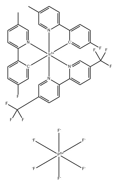 Iridium(1+), [5,5'-bis(trifluoromethyl)-2,2'-bipyridine-κN1,κN1']bis[5-fluoro-2-(5-methyl-2-pyridinyl-κN)phenyl-κC]-, (OC-6-33)-, hexafluorophosphate(1-) (1:1) 化学構造式