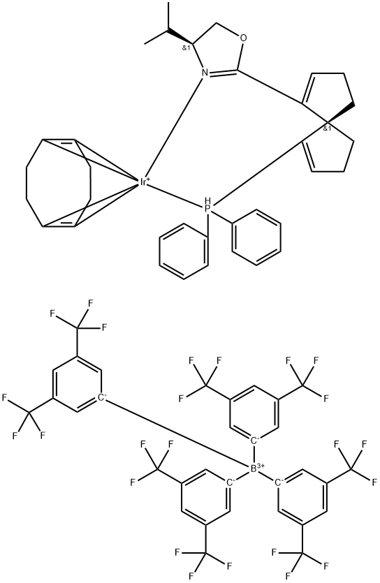 1,5-cyclooctadiene{(4S)-(+)-2-[(5S)-6-(diphenylphosphino)spiro[4.4]nona-1.6-dien-1-yl]-4,5-dihydro-4-(i-propyl)oxazole}iridiuM(I) tetrakis[3,5-bis(trifluoroMethyl)phenyl]borate Struktur