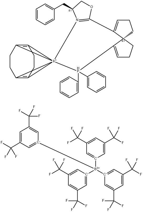 1,5-Cyclooctadiene{(4S)-(-)-2-[(5R)-6-(diphenylphosphino)spiro[4.4]nona-1.6-dien-1-yl]-4,5-dihydro-4-benzyloxazole}iridiuM(I) tetrakis[3,5-bis(trifluoroMethyl)phenyl]borate, 97%  (R.S)-(COD)Ir[Bn-Spin Struktur