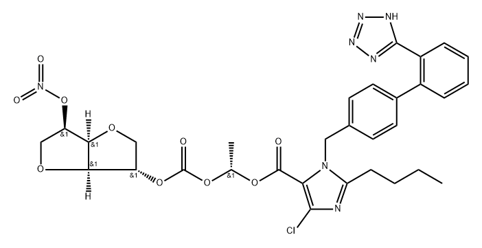 D-Glucitol, 1,4:3,6-dianhydro-, 2-[(1R)-1-[[[2-butyl-4-chloro-1-[[2'-(2H-tetrazol-5-yl)[1,1'-biphenyl]-4-yl]methyl]-1H-imidazol-5-yl]carbonyl]oxy]ethyl carbonate] 5-nitrate Struktur