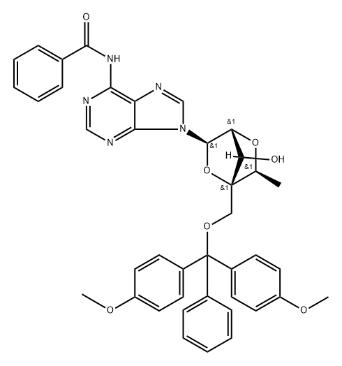 Benzamide, N-[9-[2,5-anhydro-4-C-[[bis(4-methoxyphenyl)phenylmethoxy]methyl]-6-deoxy-α-L-mannofuranosyl]-9H-purin-6-yl]-,1197033-18-3,结构式
