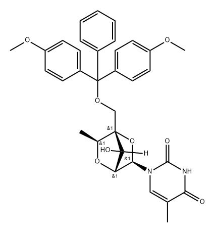 1-[(1R,3S,4R,6R,7S)-4-[[BIS(4-METHOXYPHENYL)-PHENYLMETHOXY]METHYL]-7-HYDROXY-3-METHYL-2,5-DIOXABICYCLO[2.2.1]HEPTAN-6-YL]-5-METHYLPYRIMIDINE-2,4-DIONE 结构式