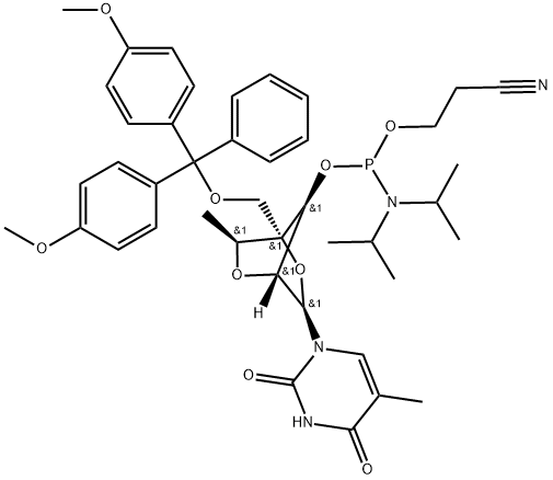 2,4(1H,3H)-Pyrimidinedione, 1-[2,5-anhydro-4-C-[[bis(4-methoxyphenyl)phenylmethoxy]methyl]-3-O-[[bis(1-methylethyl)amino](2-cyanoethoxy)phosphino]-6-deoxy-α-L-mannofuranosyl]-5-methyl- 化学構造式