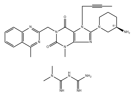 Imidodicarbonimidic diamide, N,N-dimethyl-, mixt. with 8-[(3R)-3-amino-1-piperidinyl]-7-(2-butyn-1-yl)-3,7-dihydro-3-methyl-1-[(4-methyl-2-quinazolinyl)methyl]-1H-purine-2,6-dione 化学構造式