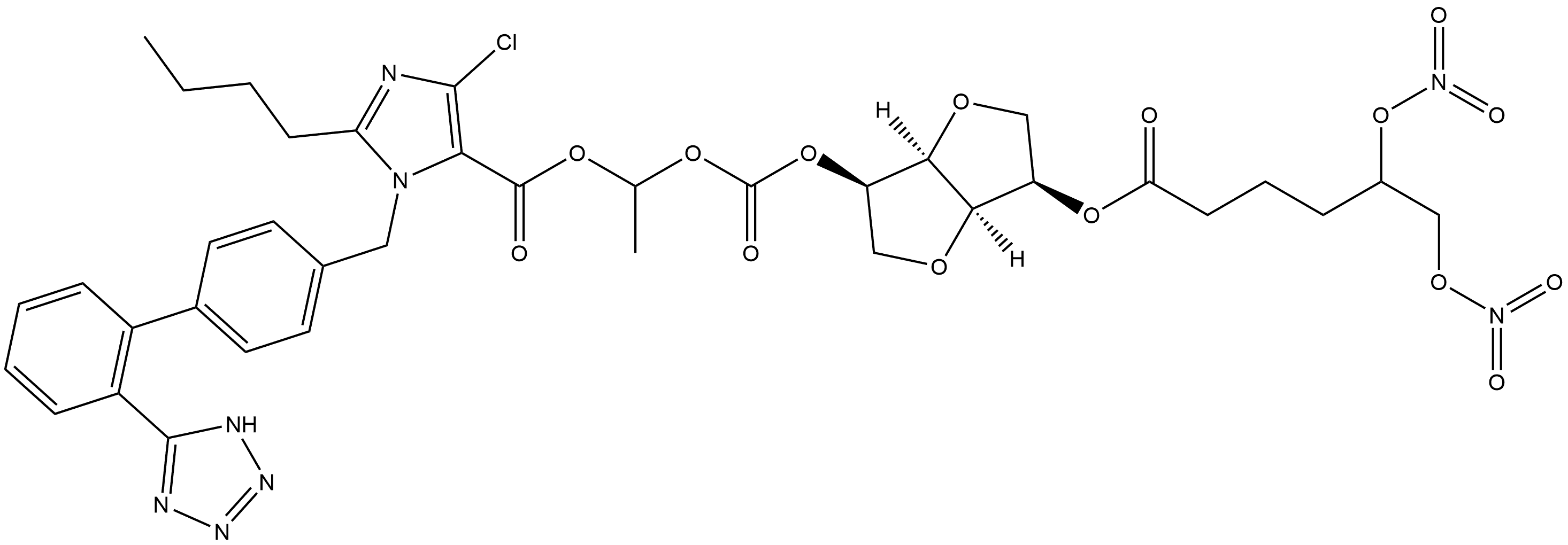 D-Mannitol, 1,4:3,6-dianhydro-, 2-[5,6-bis(nitrooxy)hexanoate] 5-[1-[[[2-butyl-4-chloro-1-[[2'-(2H-tetrazol-5-yl)[1,1'-biphenyl]-4-yl]methyl]-1H-imidazol-5-yl]carbonyl]oxy]ethyl carbonate],1200445-28-8,结构式