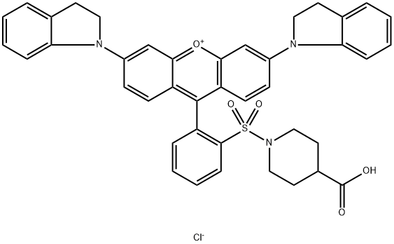 Xanthylium, 9-[2-[(4-carboxy-1-piperidinyl)sulfonyl]phenyl]-3,6-bis(2,3-dihydro-1H-indol-1-yl)-, chloride (1:1) 结构式