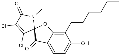 Spiro[benzofuran-2(3H),2'-[2H]pyrrole]-3,5'(1'H)-dione, 3',4'-dichloro-7-hexyl-6-hydroxy-1'-methyl-, (2R)-,1206881-47-1,结构式