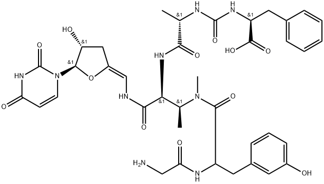 Butanamide, N-[[[(1S)-1-carboxy-2-phenylethyl]amino]carbonyl]-L-alanyl-N3-(glycyl-3-hydroxyphenylalanyl)-2-amino-N-[(Z)-[(4R,5R)-5-(3,4-dihydro-2,4-dioxo-1(2H)-pyrimidinyl)dihydro-4-hydroxy-2(3H)-furanylidene]methyl]-3-(methylamino)-, (2S,3S)-,121808-59-1,结构式