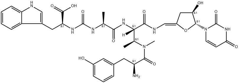 L-Tryptophan, N-[[[(1S)-2-[[(1S,2S)-2-[[(2S)-2-amino-3-(3-hydroxyphenyl)-1-oxopropyl]methylamino]-1-[[[(Z)-[(4R,5R)-5-(3,4-dihydro-2,4-dioxo-1(2H)-pyrimidinyl)dihydro-4-hydroxy-2(3H)-furanylidene]methyl]amino]carbonyl]propyl]amino]-1-methyl-2-oxoethyl]amino]carbonyl]- Structure