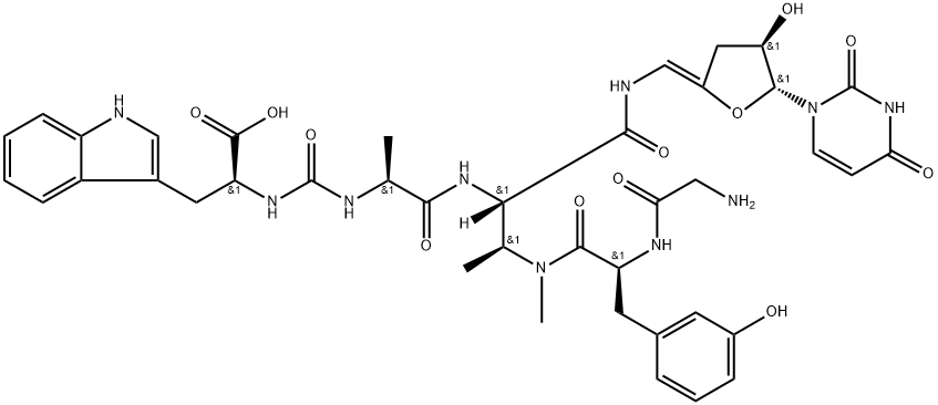 Butanamide, N-[[[(1S)-1-carboxy-2-(1H-indol-3-yl)ethyl]amino]carbonyl]-L-alanyl-N3-(glycyl-3-hydroxy-L-phenylalanyl)-2-amino-N-[(Z)-[(4R,5R)-5-(3,4-dihydro-2,4-dioxo-1(2H)-pyrimidinyl)dihydro-4-hydroxy-2(3H)-furanylidene]methyl]-3-(methylamino)-, (2S,3S)- 化学構造式