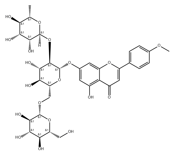 4H-1-Benzopyran-4-one, 7-[(O-6-deoxy-α-L-mannopyranosyl-(1→2)-O-[β-D-glucopyranosyl-(1→6)]-β-D-glucopyranosyl)oxy]-5-hydroxy-2-(4-methoxyphenyl)- Struktur
