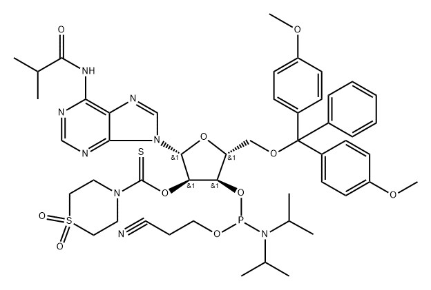 Adenosine, 5'-O-[bis(4-methoxyphenyl)phenylmethyl]-N-(2-methyl-1-oxopropyl)-, 3'-[2-cyanoethyl N,N-bis(1-methylethyl)phosphoramidite] 2'-(1,1-dioxido-4-thiomorpholinecarbothioate) Struktur