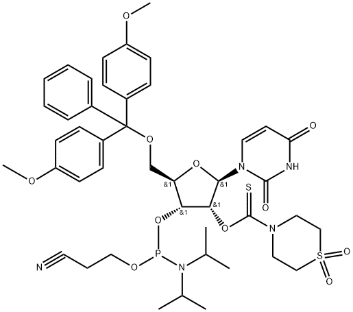 O5′-(4,4′-dimethoxytrityl)-O2′-(1,1-dioxothiomorpholine-4-thiocarbonyl)uridine O3′-(O-(2-cyanoethyl)-N,N-diisopropylphosphoramidite),1219089-92-5,结构式