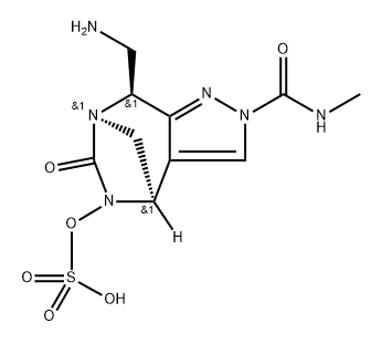 rel-(4R,7R,8S)-8-(Aminomethyl)-2,8-dihydro-2- [(methylamino)carbonyl]-6-oxo-4H-4,7- methanopyrazolo[3,4-e][1,3]diazepin-5(6H)-yl hydrogen sulfate Struktur