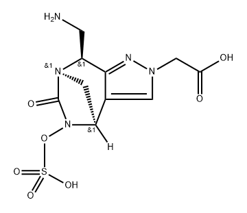 rel-(4R,7R,8S)-8-(Aminomethyl)-5,6-dihydro-6- oxo-5-(sulfooxy)-4H-4,7-methanopyrazolo[3, 4-e][1,3]diazepine-2(8H)-acetic acid 化学構造式