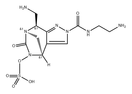 rel-(4R,7R,8S)-2-[[(2-Aminoethyl)amino] carbonyl]-8-(aminomethyl)-2,8-dihydro-6-oxo4H-4,7-methanopyrazolo[3,4-e][1,3]diazepin5(6H)-yl hydrogen sulfate 化学構造式