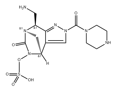 rel-(4R,7R,8S)-8-(Aminomethyl)-2,8-dihydro-6- oxo-2-(1-piperazinylcarbonyl)-4H-4,7- methanopyrazolo[3,4-e][1,3]diazepin-5(6H)-yl hydrogen sulfate Struktur