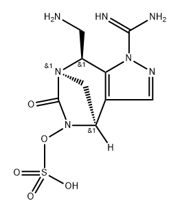 rel-(4R,7R,8S)-1-(Aminoiminomethyl)-8- (aminomethyl)-4,8-dihydro-6-oxo-1H-4,7- methanopyrazolo[3,4-e][1,3]diazepin-5(6H)-yl hydrogen sulfate 化学構造式
