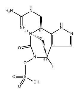 rel-(4R,7R,8S)-8-[[(Aminoiminomethyl)amino] methyl]-4,8-dihydro-6-oxo-1H-4,7-methanop yrazolo[3,4-e][1,3]diazepin-5(6H)-yl hydrogen sulfate 化学構造式
