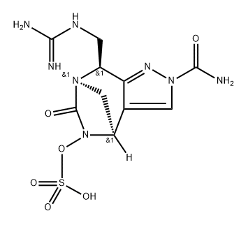 rel-(4R,7R,8S)-2-(Aminocarbonyl)-8- [[(aminoiminomethyl)amino]methyl]-2,8- dihydro-6-oxo-4H-4,7-methanopyrazolo[3,4- e][1,3]diazepin-5(6H)-yl hydrogen sulfate Struktur