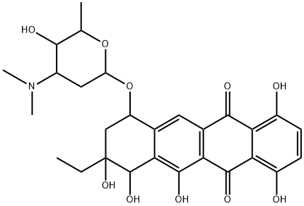 (7R)-8-エチル-7,8,9,10-テトラヒドロ-1,4,6,7β,8α-ペンタヒドロキシ-10α-[[3-(ジメチルアミノ)-2,3,6-トリデオキシ-α-L-lyxo-ヘキソピラノシル]オキシ]5,12-ナフタセンジオン 化学構造式