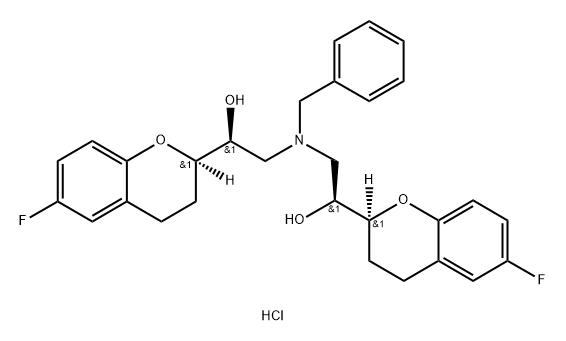 (1S)-2-(benzyl{(2S)-2-[(2R)-6-fluoro-3,4-dihydro-2H-chromen-2-yl]-2-hydroxyethyl}amino)-1-[(2S)-6-fluoro-3,4-dihydro-2H-chromen-2-yl]ethanol hydrochloride (1:1) 化学構造式