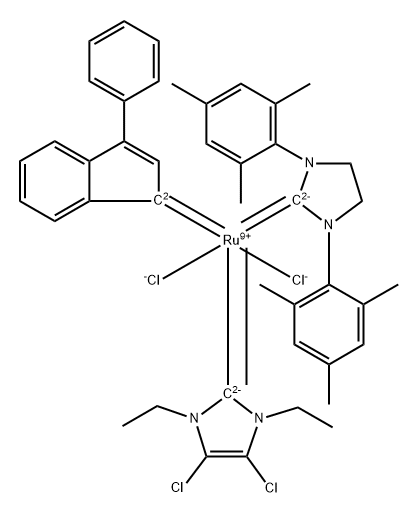 1,3-BIS(2,4,6-TRIMETHYLPHENYL)-2-IMIDAZOLIDINYLIDENE)(3-PHENYL-1H-INDEN-1-YLIDENE)(4,5-DICHLORO-1,3-DIETHYL-1,3-DIHYDRO-2H-IMIDAZOL-2-YLIDENE)RUTHENIUM(II)CHLORIDE 结构式