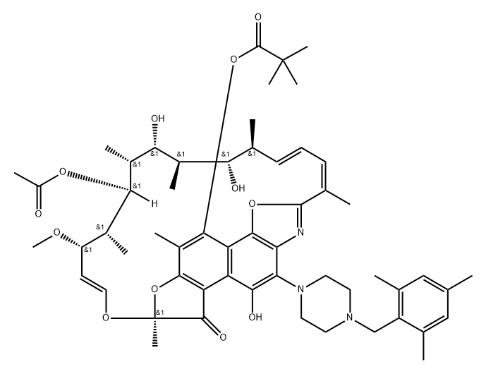 N,15-ジデヒドロ-15-デオキソ-1-デオキシ-1,15-エポキシ-3-[4-(2,4,6-トリメチルベンジル)ピペラジノ]リファマイシン8-(2,2-ジメチルプロパノアート) 化学構造式
