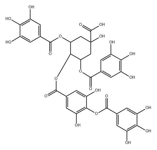4-[3,5-ジヒドロキシ-4-(3,4,5-トリヒドロキシベンゾイルオキシ)ベンゾイルオキシ]-1-ヒドロキシ-3,5-ビス(3,4,5-トリヒドロキシベンゾイルオキシ)シクロヘキサン-1-カルボン酸 化学構造式