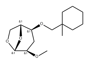 .beta.-D-ribo-Hexopyranose, 1,6-anhydro-3-deoxy-2-O-methyl-4-O-(1-methylcyclohexyl)methyl- 化学構造式