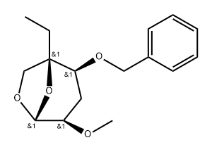 .beta.-D-ribo-Hexopyranose, 1,6-anhydro-3-deoxy-5-C-ethyl-2-O-methyl-4-O-(phenylmethyl)- Struktur