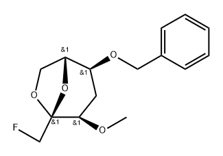 .beta.-D-ribo-2-Heptulopyranose, 2,7-anhydro-1,4-dideoxy-1-fluoro-3-O-methyl-5-O-(phenylmethyl)- 化学構造式